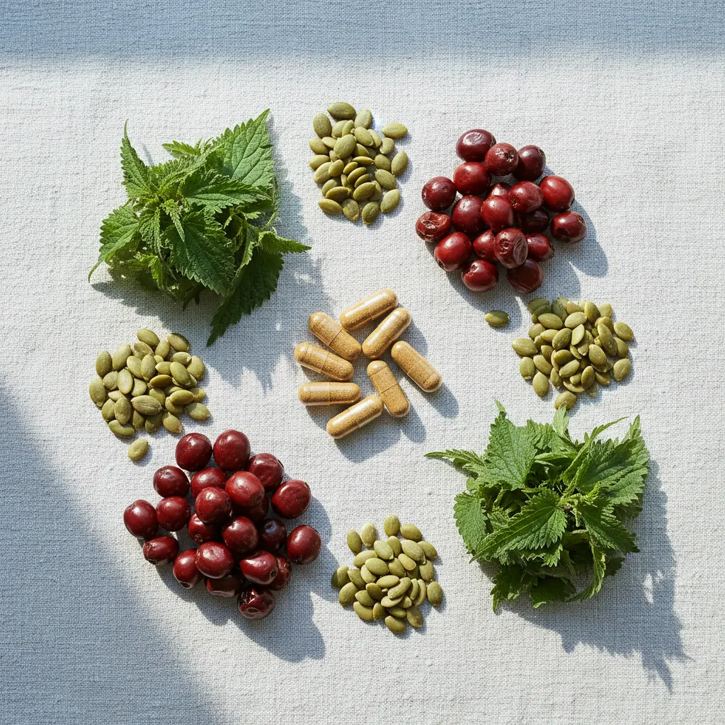 Plat neergelegde ingrediënten: pompoenzaden, saw palmettobes, brandnetelblad en amber capsules op linnen achtergrond