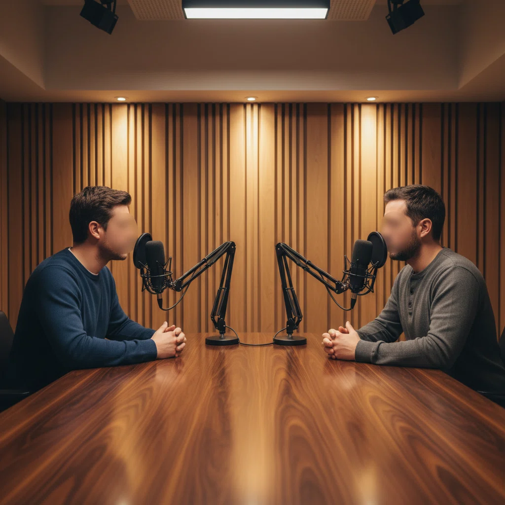 Twee personen van achteren gezien aan een tafel in een studiosetting, informeel gesprek