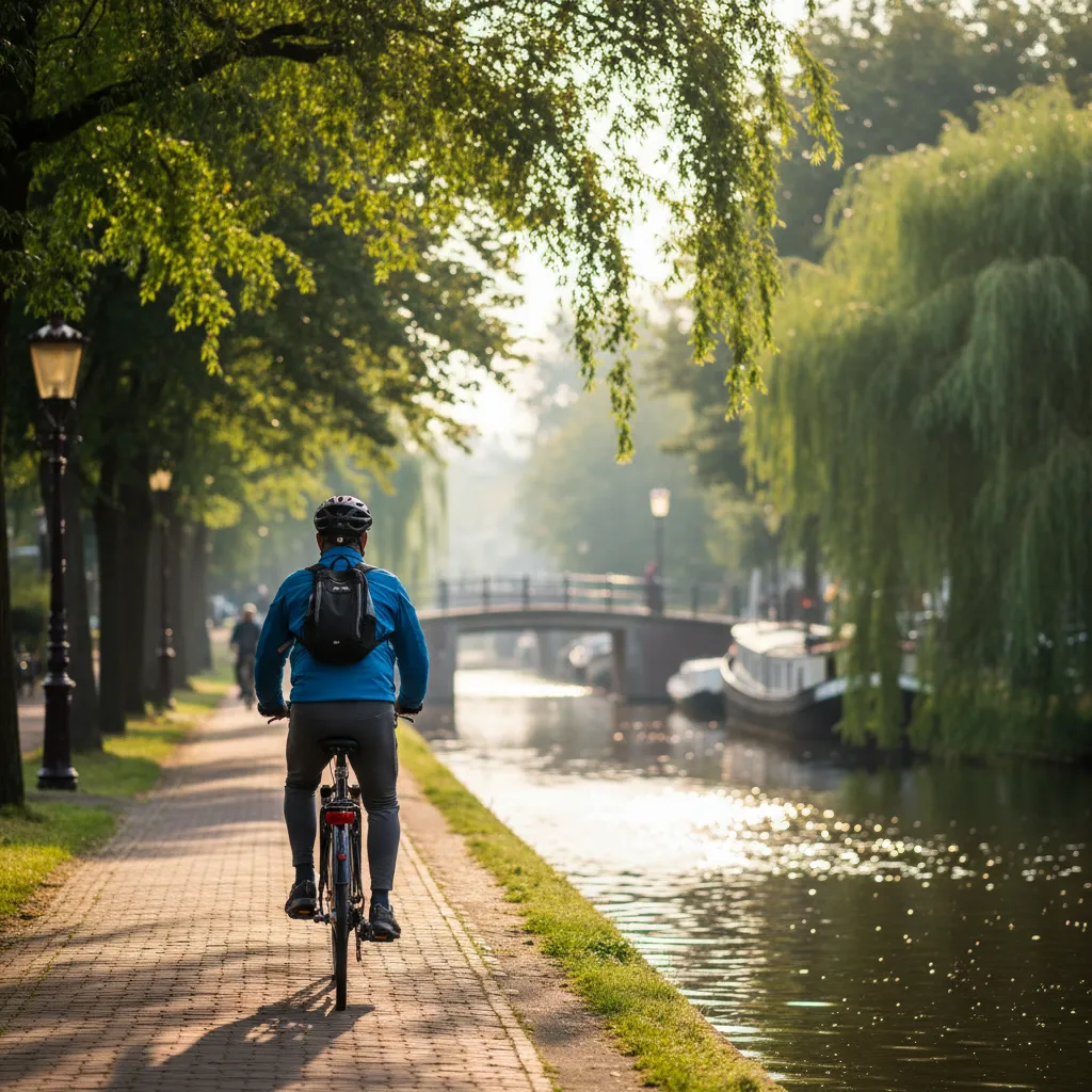 Man van achteren fietsend langs een Nederlands kanaal op een zonnige ochtend