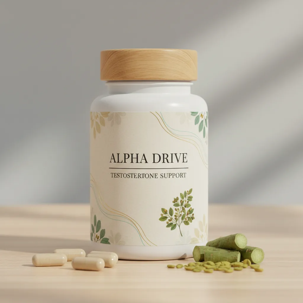 Alpha Drive voedingssupplement, donkerblauwe pot met gouden accenten, 60 capsules