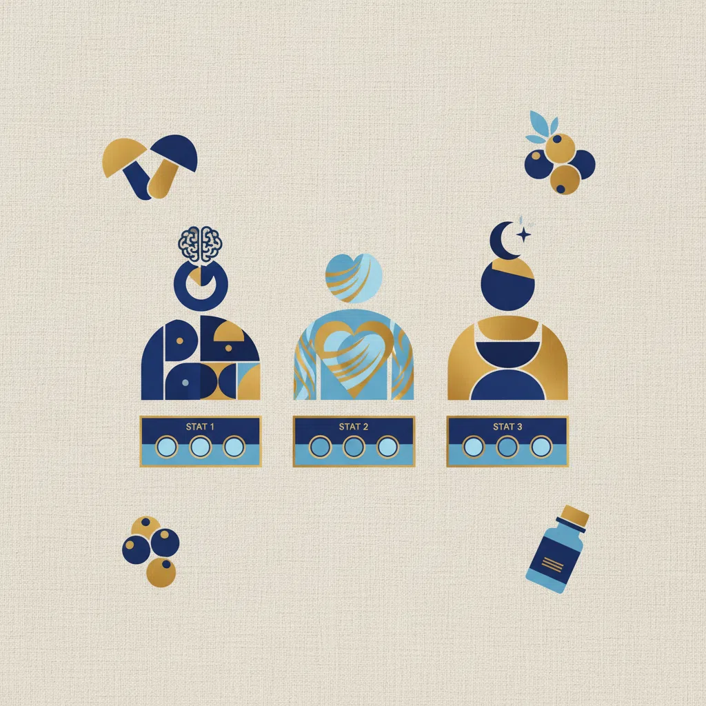 Abstracte infographic met welzijnspictogrammen en blauwe en gouden statblokken